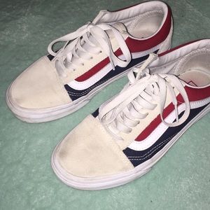 red and blue old skool vans